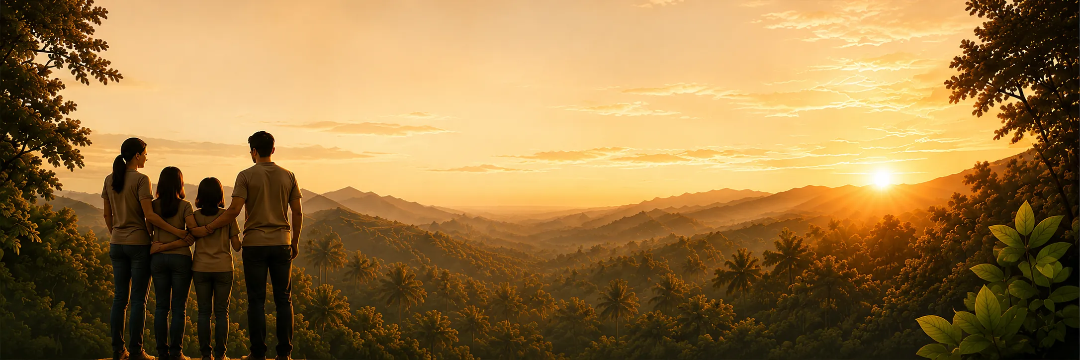 A family looks out over a forest valley at sunrise