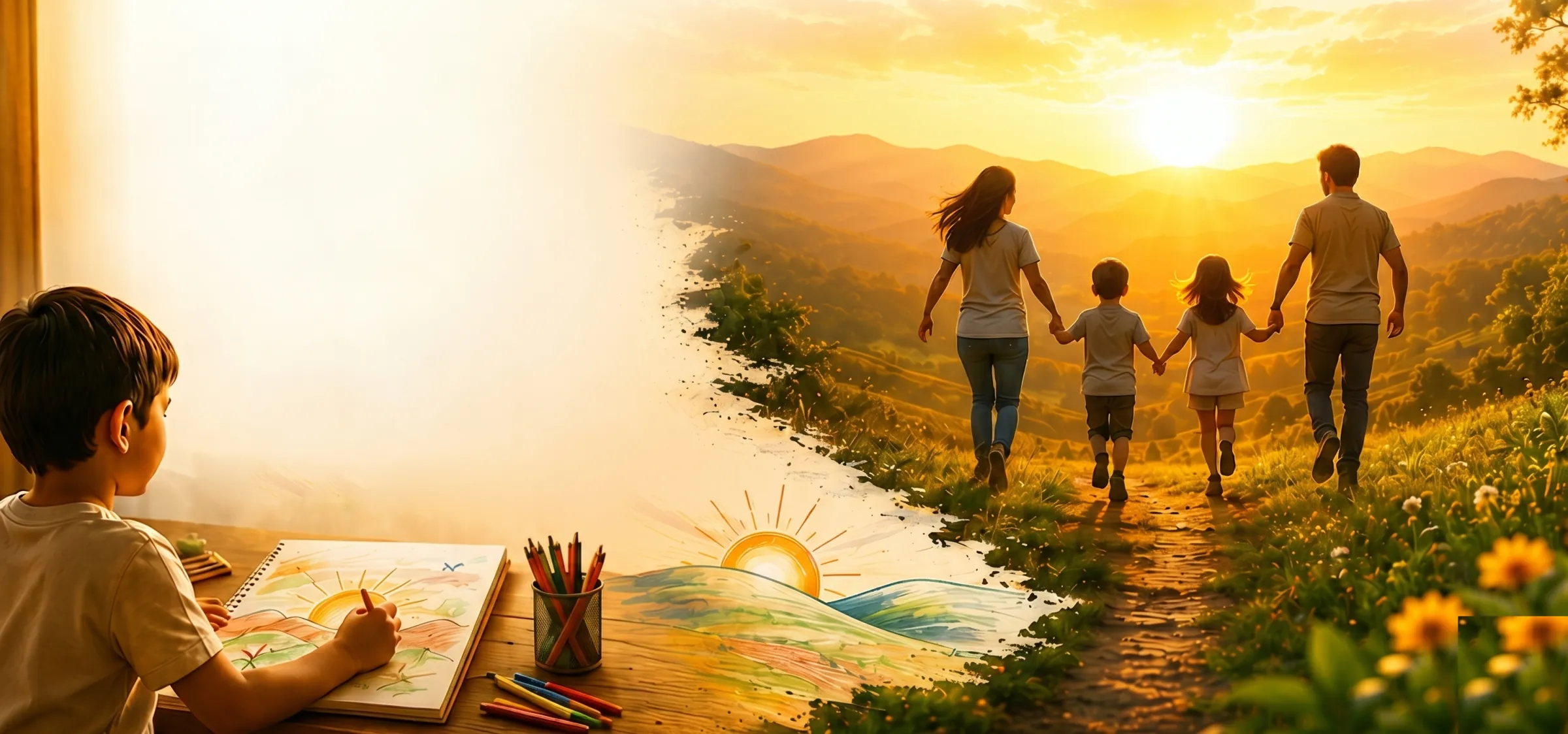 A family walks hand in hand toward the sunrise, born from a child's drawing