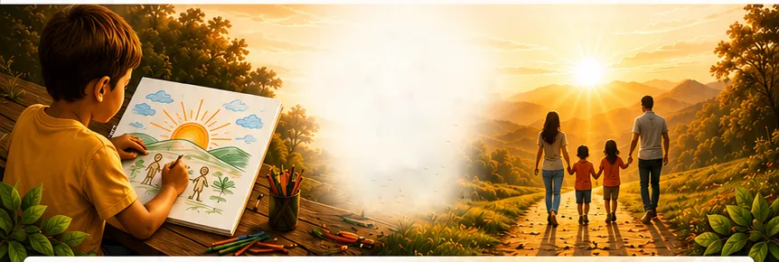 A child draws a sunrise while a family walks hand in hand toward the rising sun