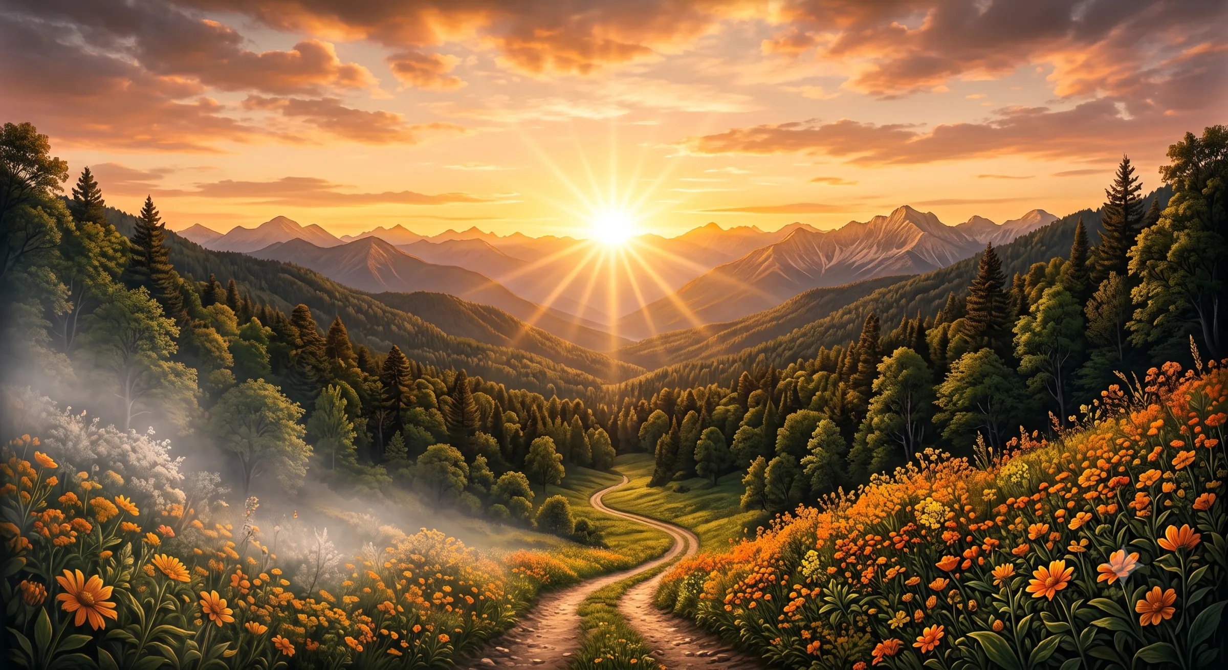 Golden sunrise over a valley of wildflowers
