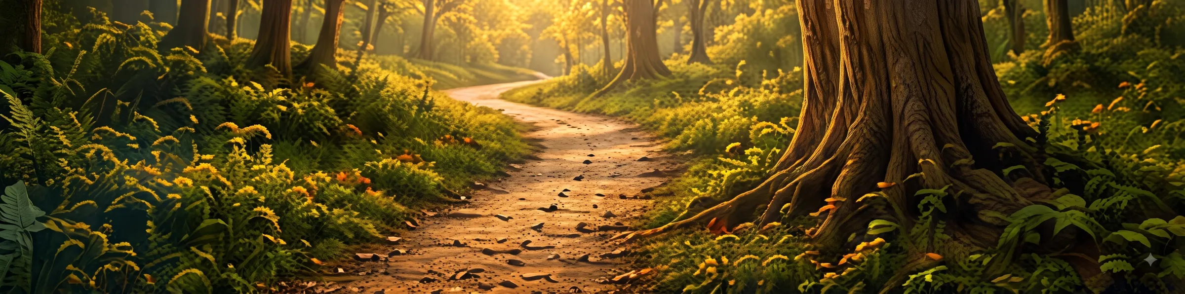 A sunlit path winding through a forest