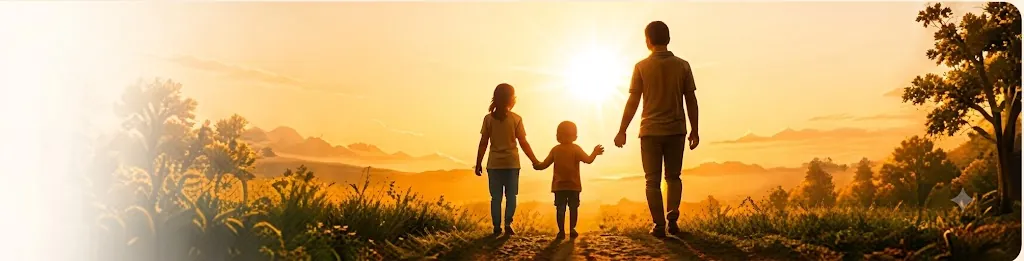 A family walking hand in hand toward the sunrise