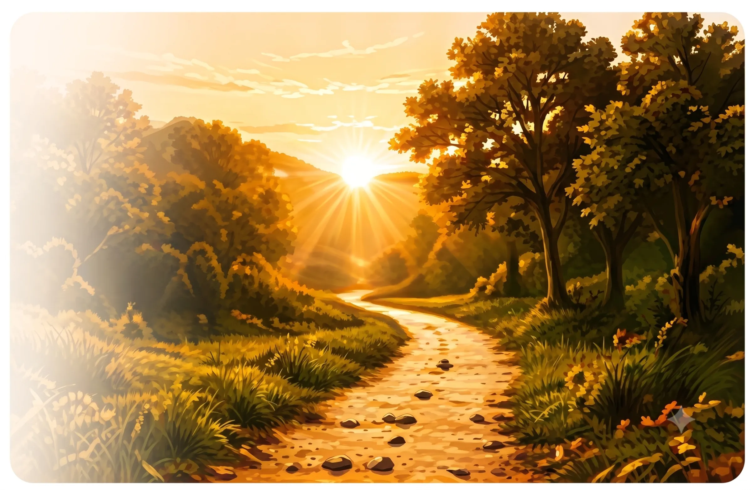 A sunlit path winding through the woods at golden hour
