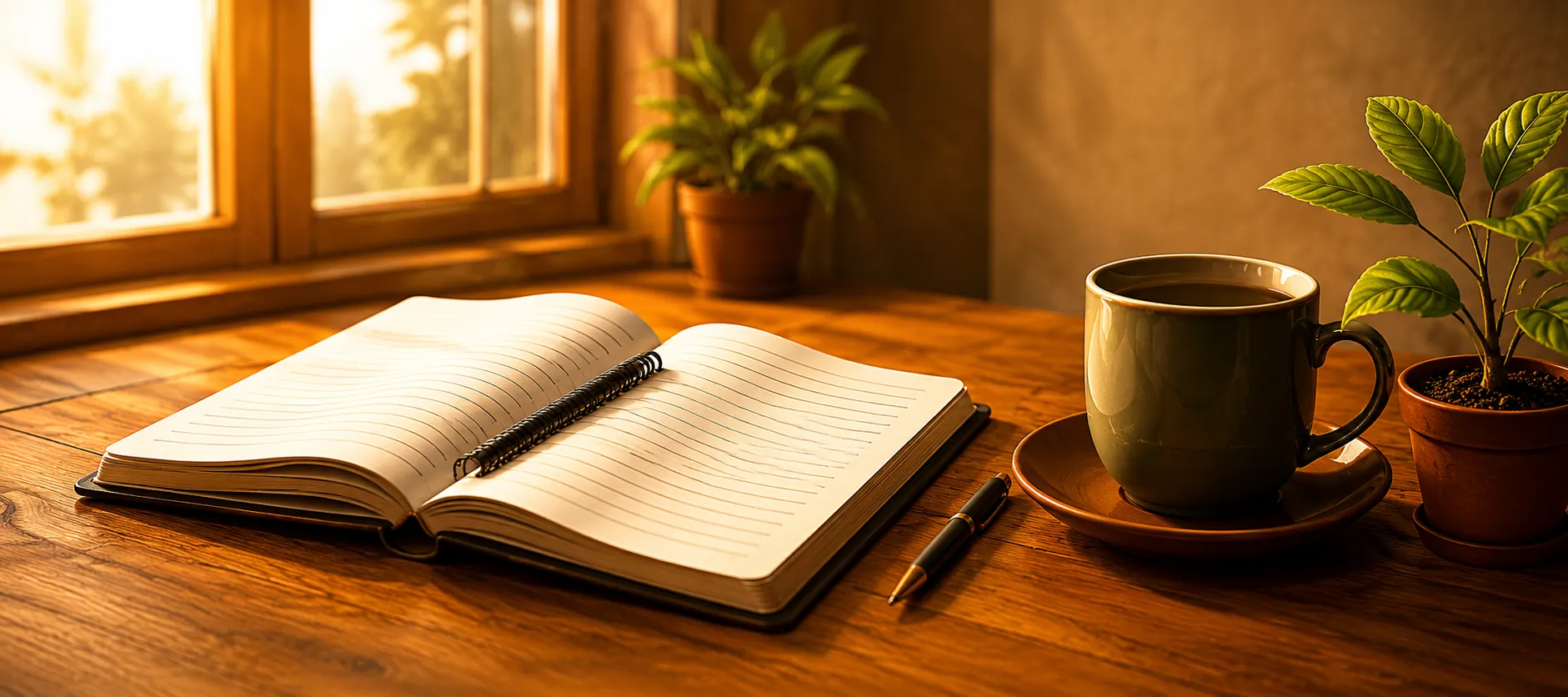 An open journal, pen and coffee on a sunlit windowside desk